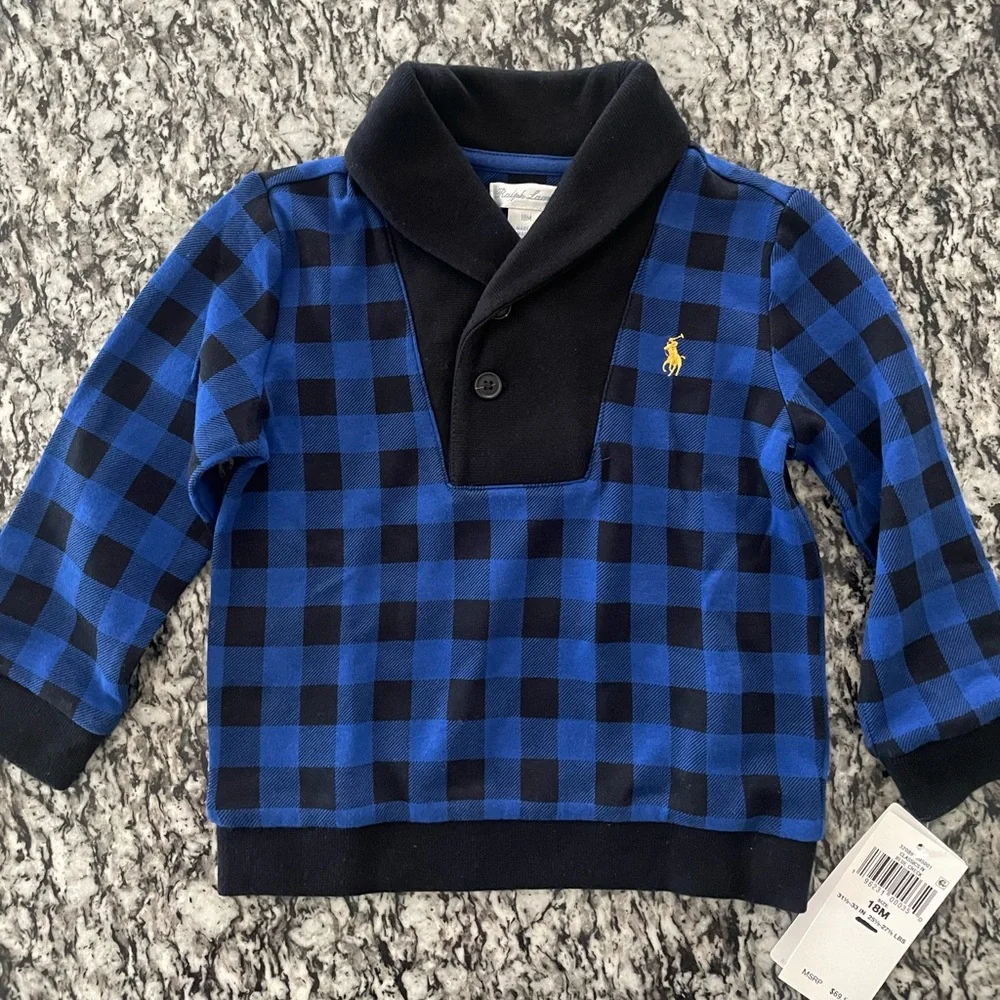 New Ralph Lauren Classic Blue Check Interlock Two Piece Baby Boys Set